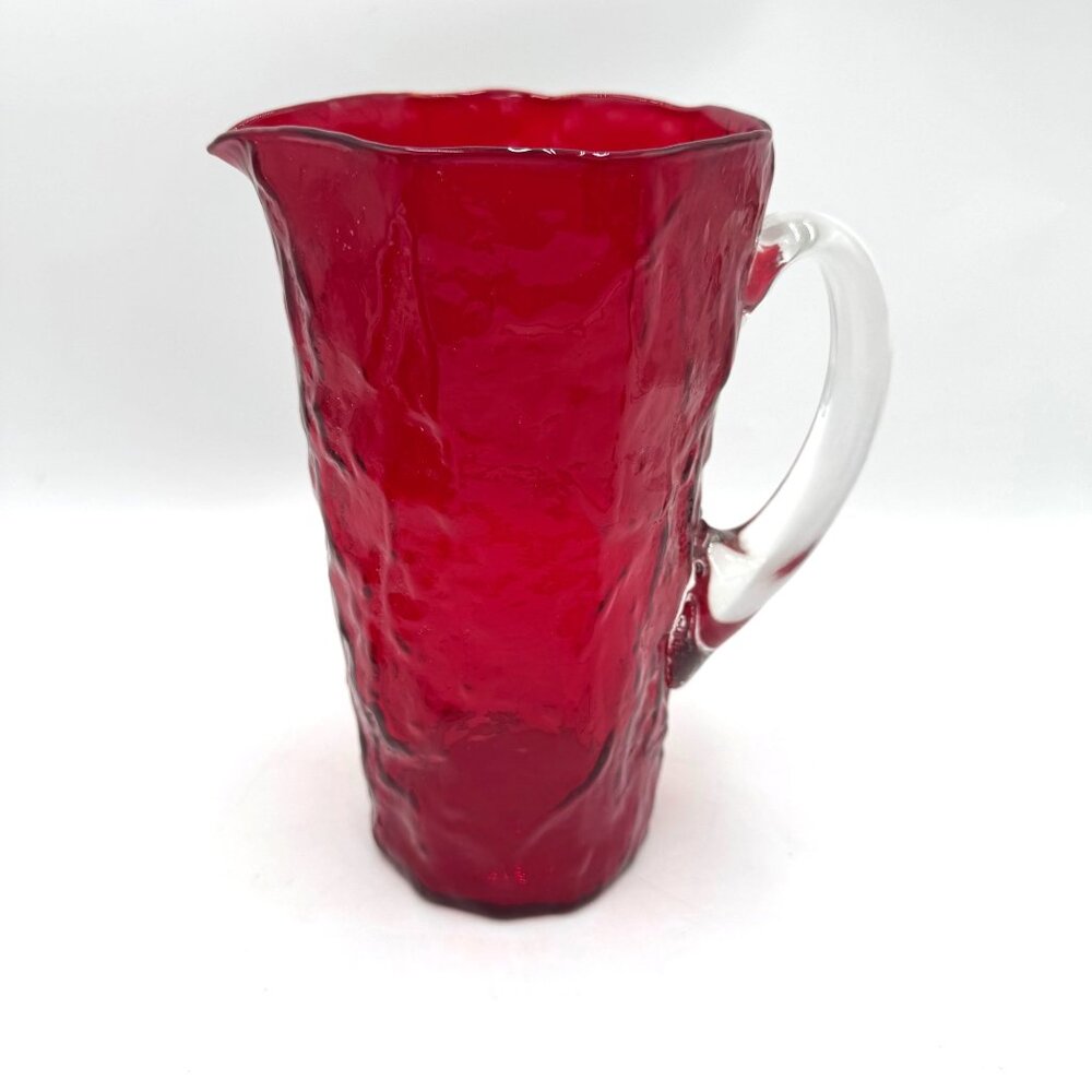 Morgantown Ruby Red Crinkle Glass 9" Pinched Pitcher With Clear Handle EUC